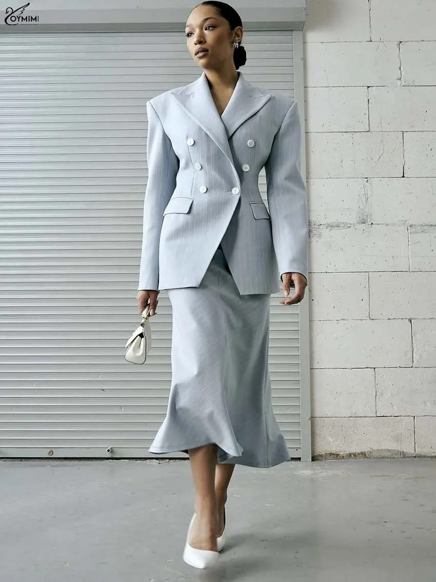 

Oymimi Fashion Blue Print 2 Pieces Set For Woman Elegant Long Sleeve Double Breasted Pockets Shirts And Straight Skirts Sets