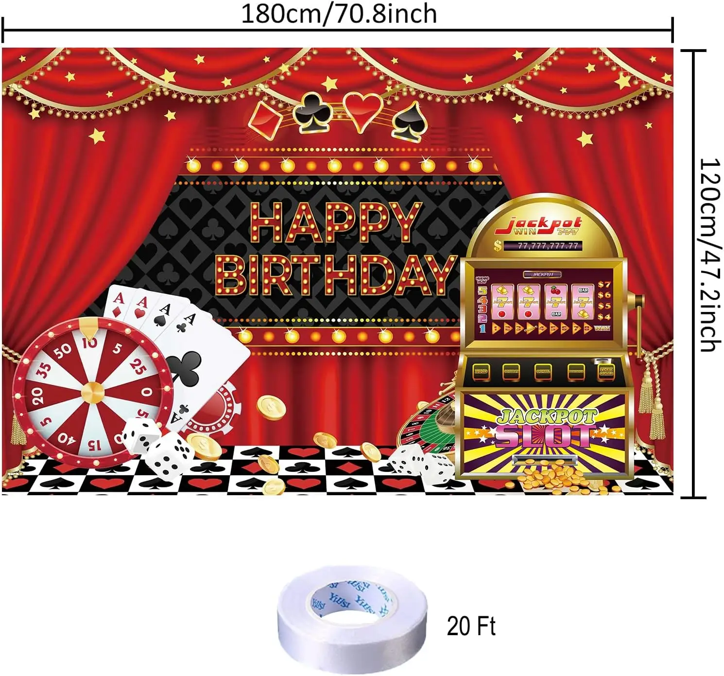 Casino Themed Happy Birthday Tapestry, Las Vegas Style with Poker and Slot Machine Print Wall Hanging for Party Decor view 2
