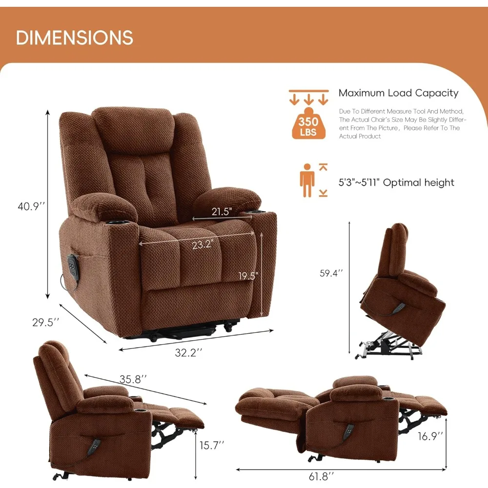 Dual Motor Power Lift Recliner, Electric Reclining Chair with Massage and Heat, Sofa with USB Ports, Cup Holders, Side Pockets