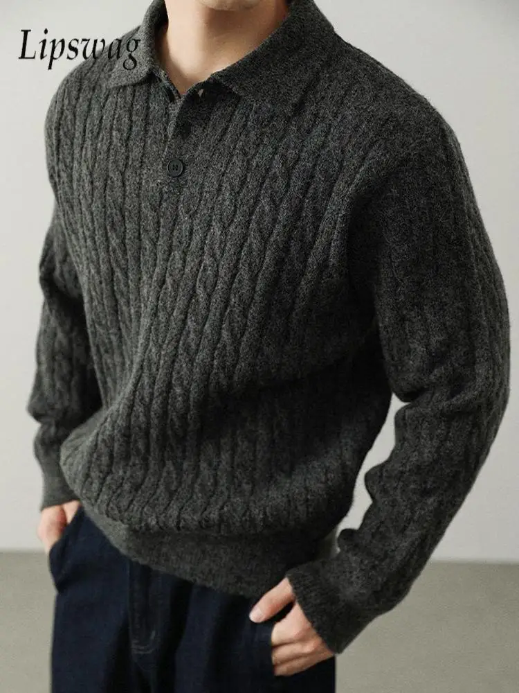 

Daily Casual Slim Polo Sweaters For Mens Autumn Winter Fashion Long Sleeve Knitted Jumpers Men Vintage Button Knit Polo Shirt