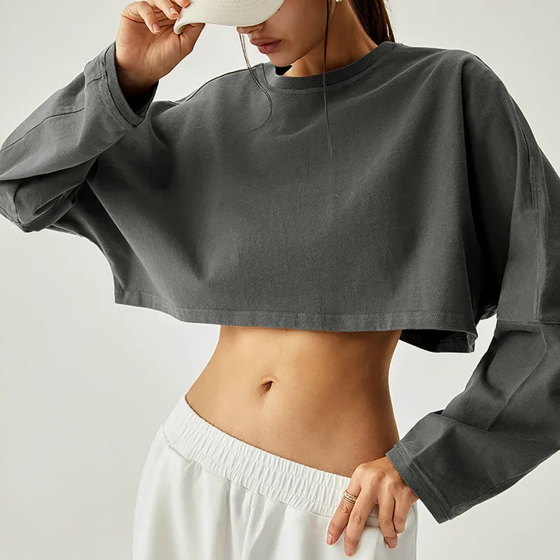 Women's Long Sleeve Round Neck T-Shirt in Cotton, Autumn Cropped Loose Casual Fashion Sweatshirt for Sports , Running & Workout