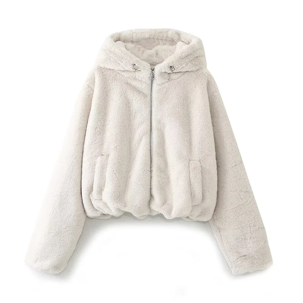 TRAF Autumn New Women\'s Fashion Leisure Versatile Artificial Fur Effect Hooded Jacket Coat