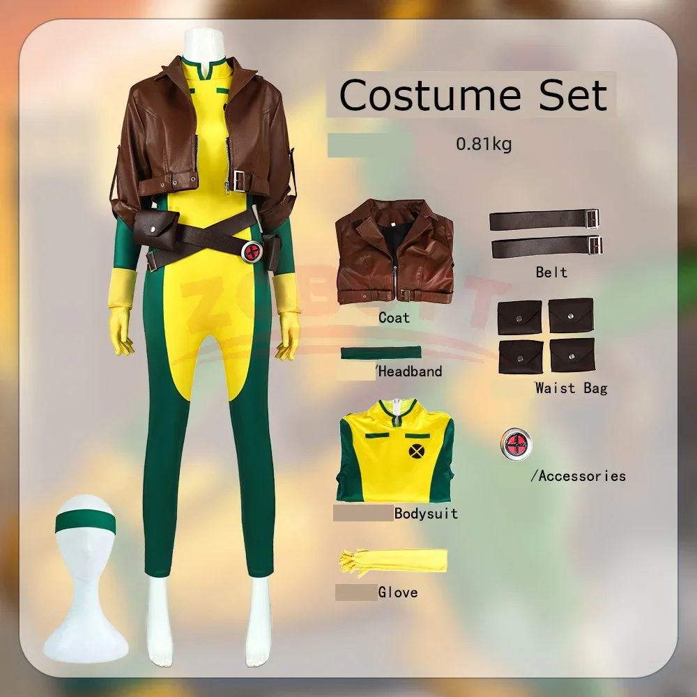 X-Men Rogue Cosplay Costume Adult Women Superhero Bodysuit Yellow Jumpsuit Brown Jacket Halloween Carnival Comic Con Outfit view 6