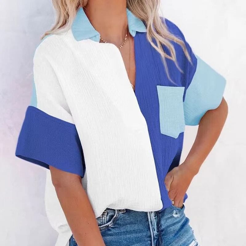 Casual Loose ort Sve V-Ne Button-Up irt Women's Summer Faion Street Sle Patchwork Color Blo ket Design Top