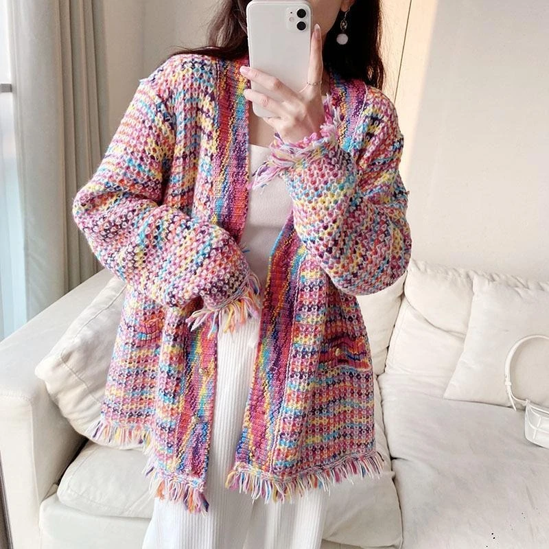 Spring and Autumn New Style Rainbow Gentle Tassel Sweater Jacket Female Loose Lazy Wind Knit Cardigan Can Be Worn Outside