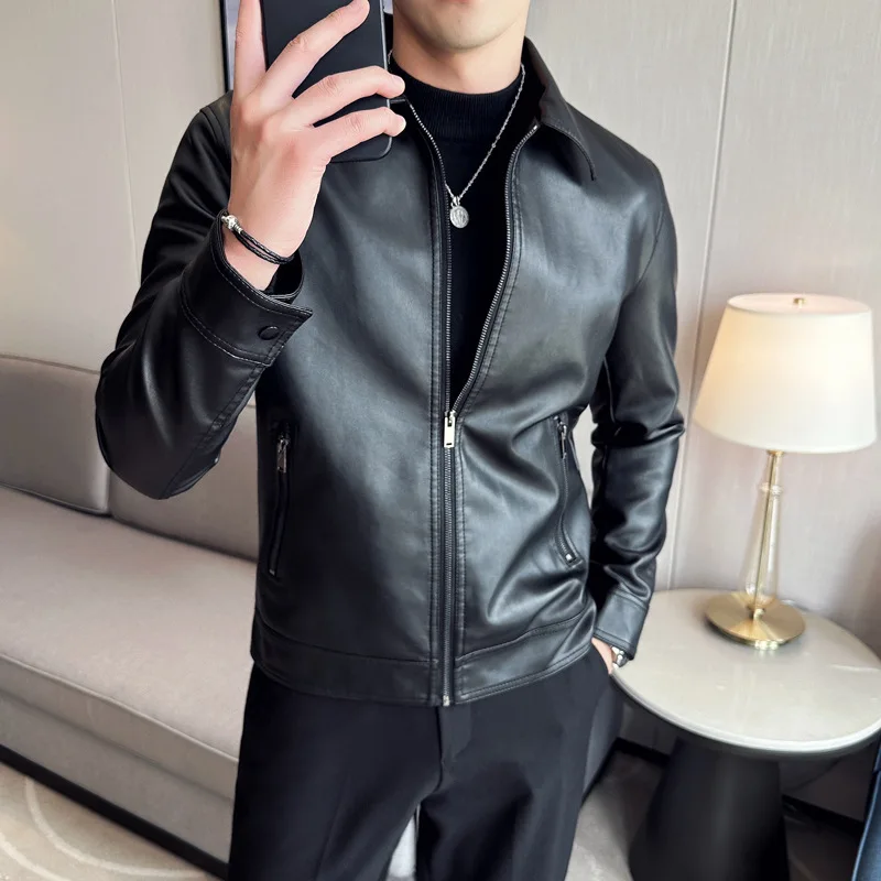 Autumn Stand Collar Windproof PU Leather Moto Jacket Men's Slim Streetwear