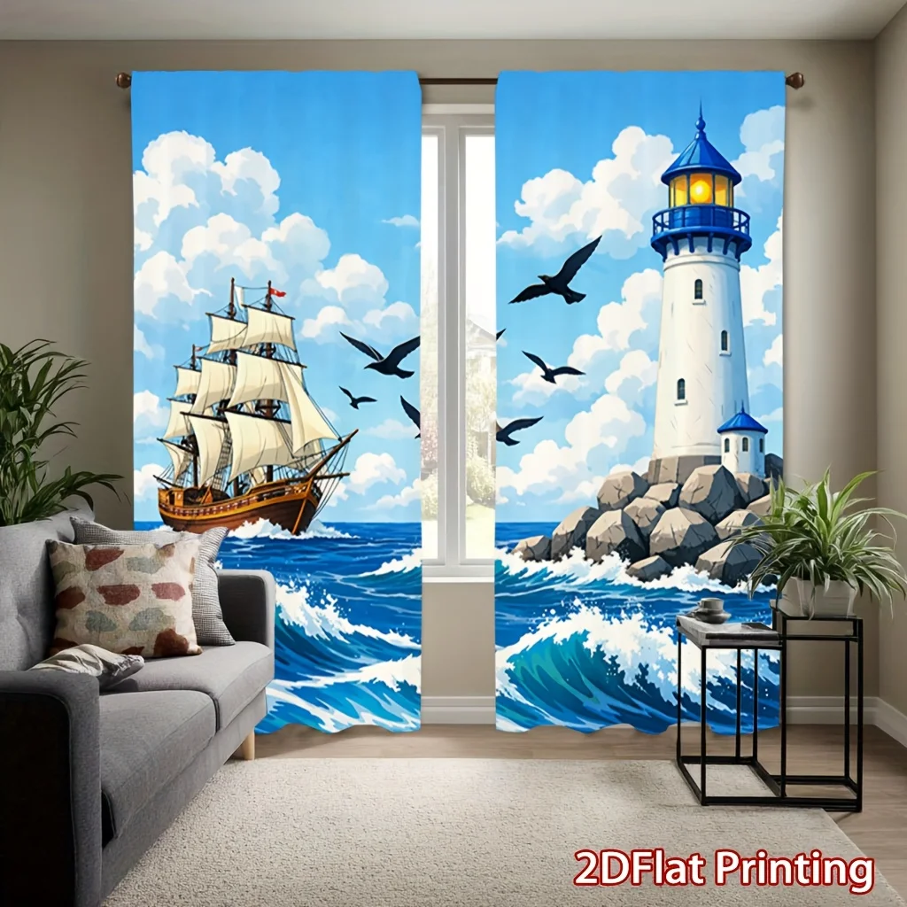 Vintage Sailing Ship & Lighthouse Curtain Blue Ocean Wave Seagull Print Drape Nautical Coastal Theme Window Treatment for Living