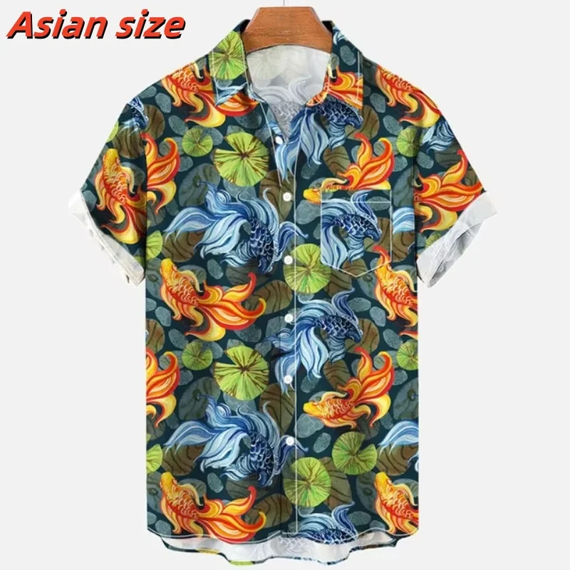 Lotus Leaf Fish Pattern Hawalian Shirt For Men Cloud Geometry 3D Printed Beach Shirts Casual Short Sleeves Lapel Tops Blouses