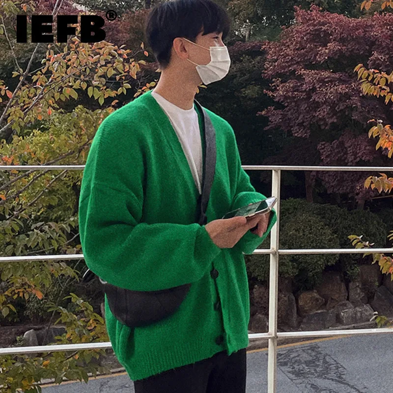 IEFB Cardigan Men\'s Sweater V-neck Autumn Winter Korean Fashion Loose Trend Casual Knitted Coat 2023 Solid Color Male Tops