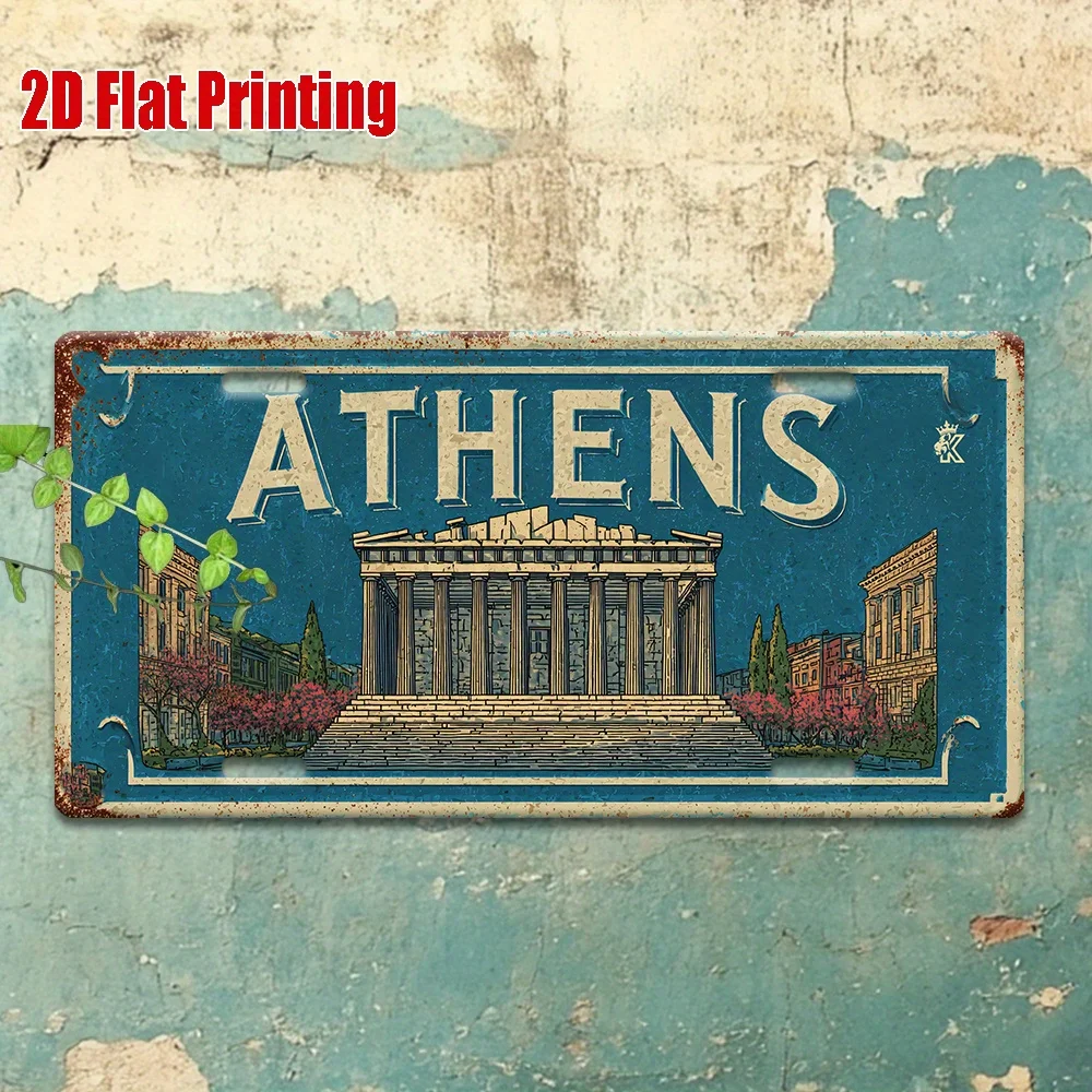 Athens Metal License Plate Sign -  Retro Travel Wall Art with Athens Parthenon Design, Blue & White Aluminum Decor for Home, Bar