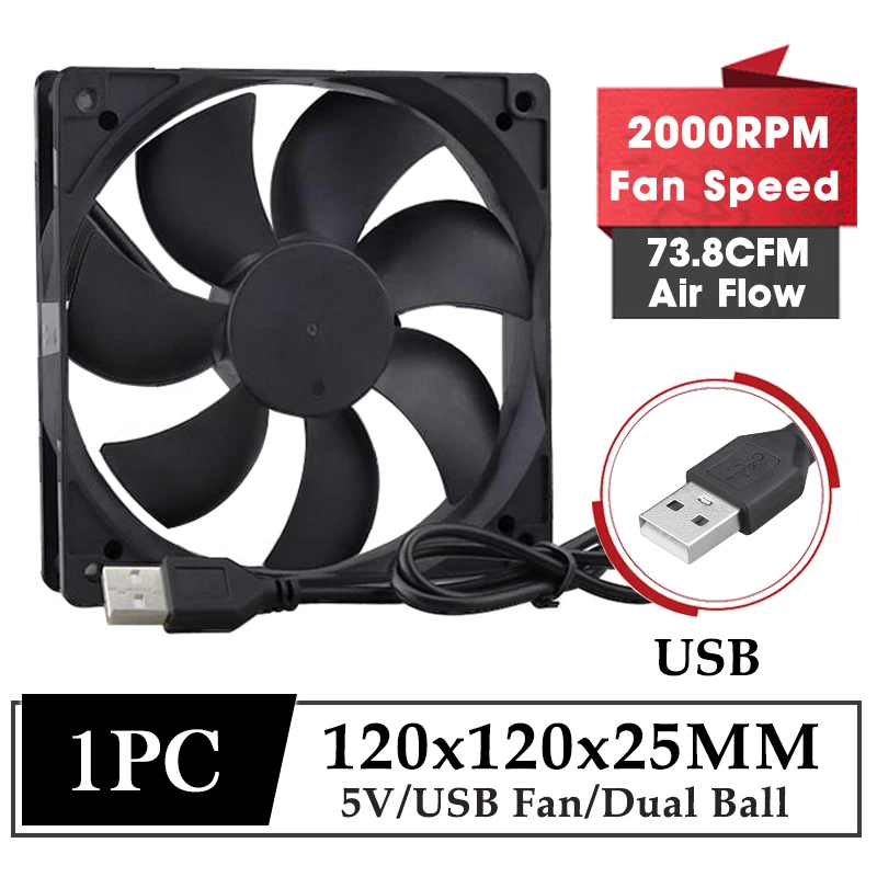 

Gdstime 5V USB Fan 120x120x25MM DC Brushless Cooling Fan 120MM Dual Ball Laptop GPU Cooler 12025 12CM PC Computer Case Cooler