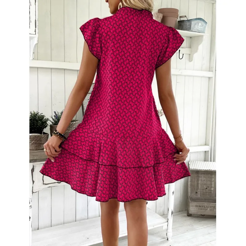 Nowa koronkowa sukienka z dekoltem w szpic dla kobiet z koronkowym kołnierzykiem z krótkim rękawem i geometrycznym wzorem luźna talia spódnica z liści lotosu y2k