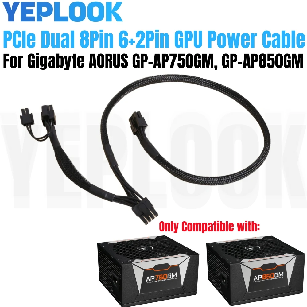 

For Gigabyte AORUS GP-AP750GM P750W, GP-AP850GM P850W PSU, PCI-E Dual 8Pin 6+2Pin GPU Modular Power Cable, Sleeved Net, 60+20 CM
