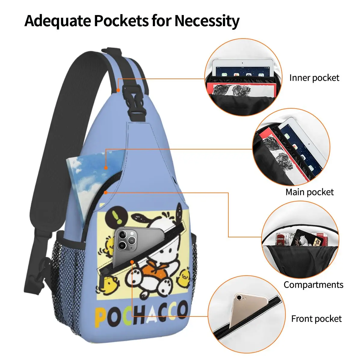 Custom Cartoon Pochacco Sling Crossbody Backpack Water Resistant For Traveling Daypack Printing Shoulder Backpack