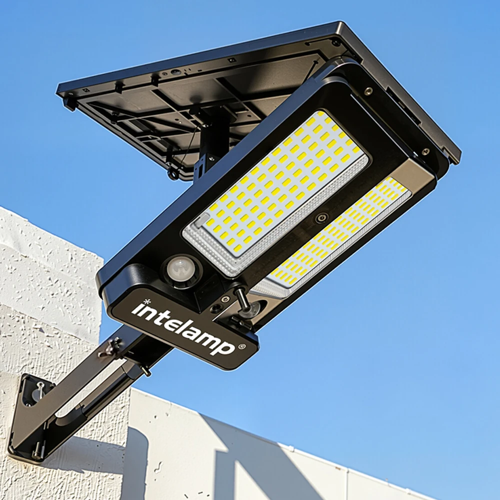 intelamp High Spec High Performance Outdoor Solar Flood Light Street Light With Super Large Solar Panel Fast Charging Two Motion Sensors Detect Wider&Longer 12500mAh For Patio Courtyard Garage