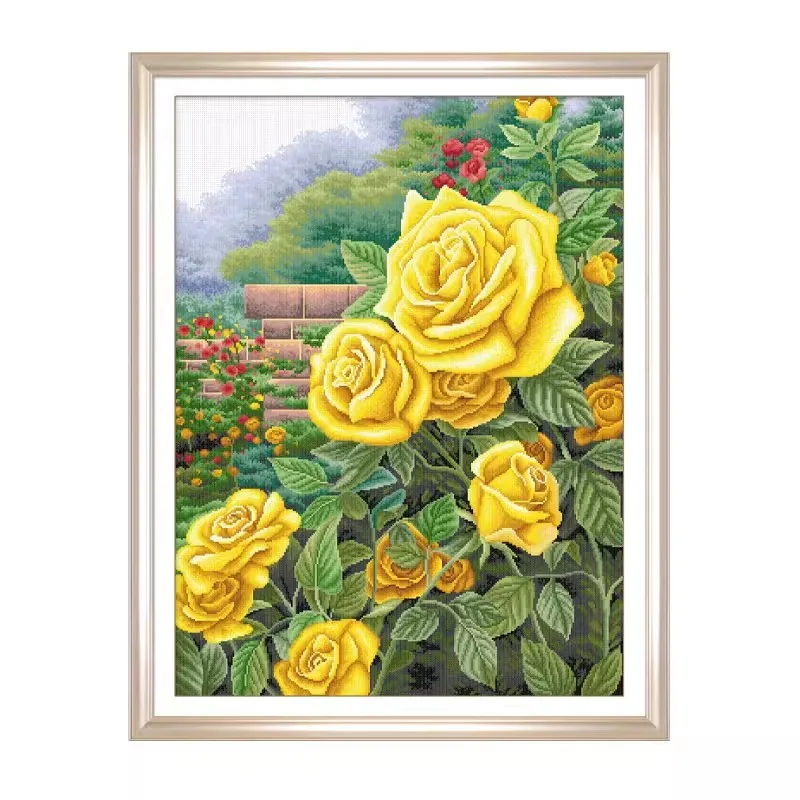 11CT  Yellow Rose Pre-Printed Cross Stitch DIY Embroidery Set Handmade Handicraft Floss Needle Crafts 57Colors