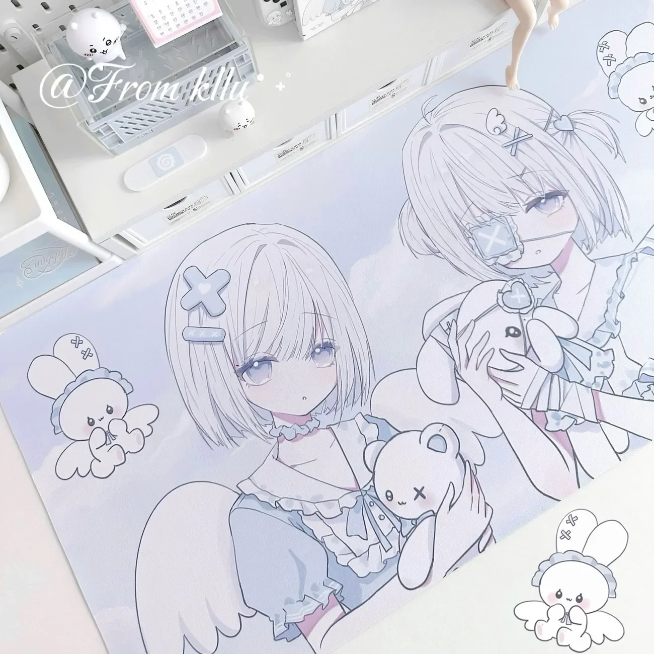 Leather Desk Pad Protector Japanese Anime Blue Girl Kawaii Mouse Pad Office Desk Mat Waterproof Non-Slip PU Desk Blotter Pad