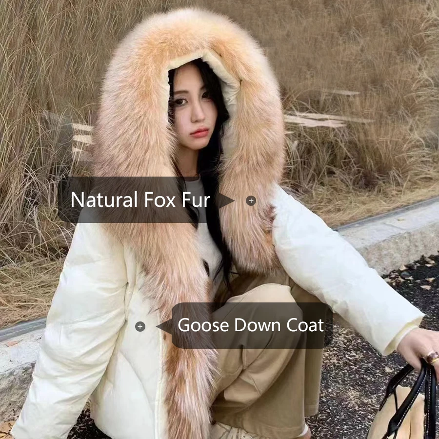 Jaqueta de pele real feminina inverno casaco de penas de ganso com capuz gola de pele de raposa natural luxo curto casacos quentes