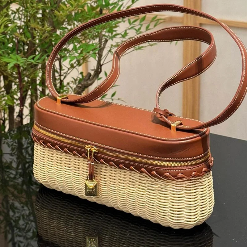 

Handwoven Bamboo Leather Handbag Crossbody Picnic Bag Pure Handmade Transoceanic Wierwork Single oulder Bag New LP9