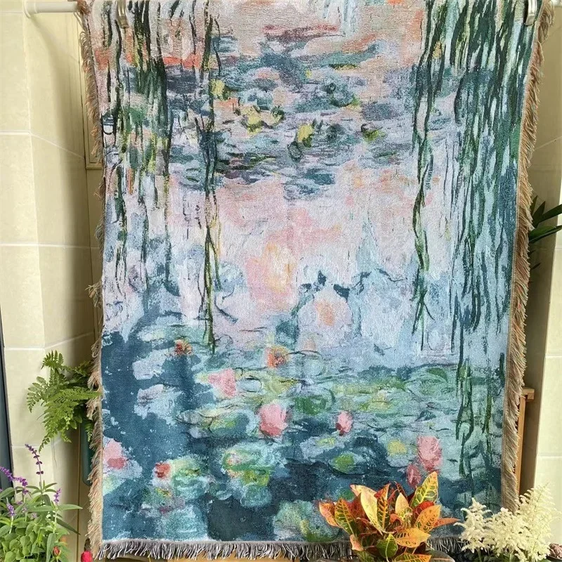 Monet Oil Painting Lotus Blankets for Bed Artistic Retro Home Decoration Tapestry Sofa Towel Flower Camping Picnic Mat Bed Cover
