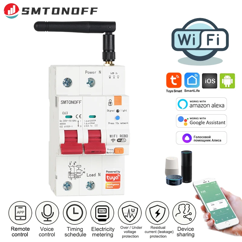 Tuya Smart WiFi RS485 2p RCBO Breaker Prepaid Meter Timer Schalter Spannung Strom Schutz Sprachsteuerung Alexa Google Alice