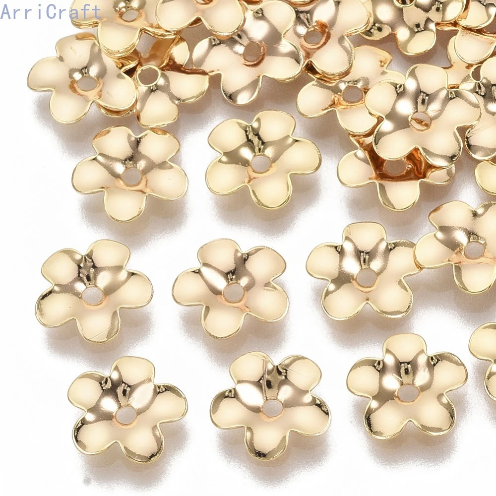 5pcs Brass Bead Caps Nickel Free 5-Petal Flower Real 18K Gold Plated 8.5x9x1.5mm Hole: 1.4mm