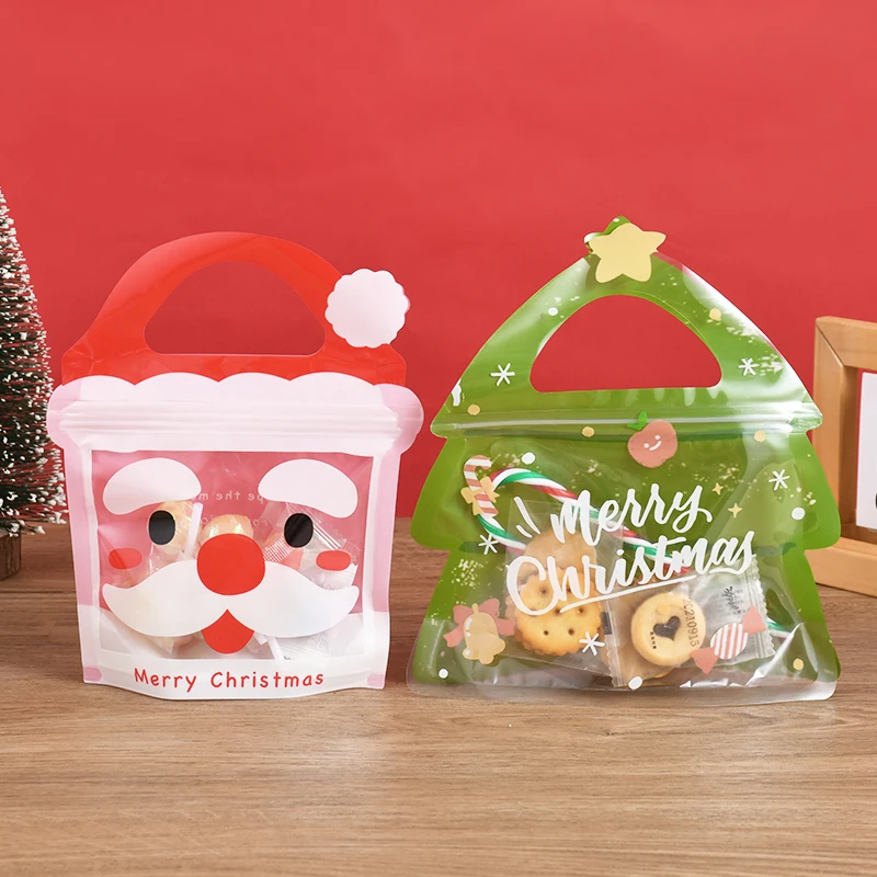 10pcs Christmas Candy Zipper Bags Xmas Tree Deer Santa Claus Shape Chocolate Nougat Biscuit Packaging Bag For Xmas New Year 2025