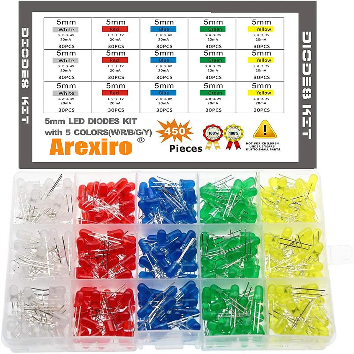 

450pcs 5mm LED Light Emitting Diodes Led Diodes Assorted Kit (White Blue Red Yellow Green)