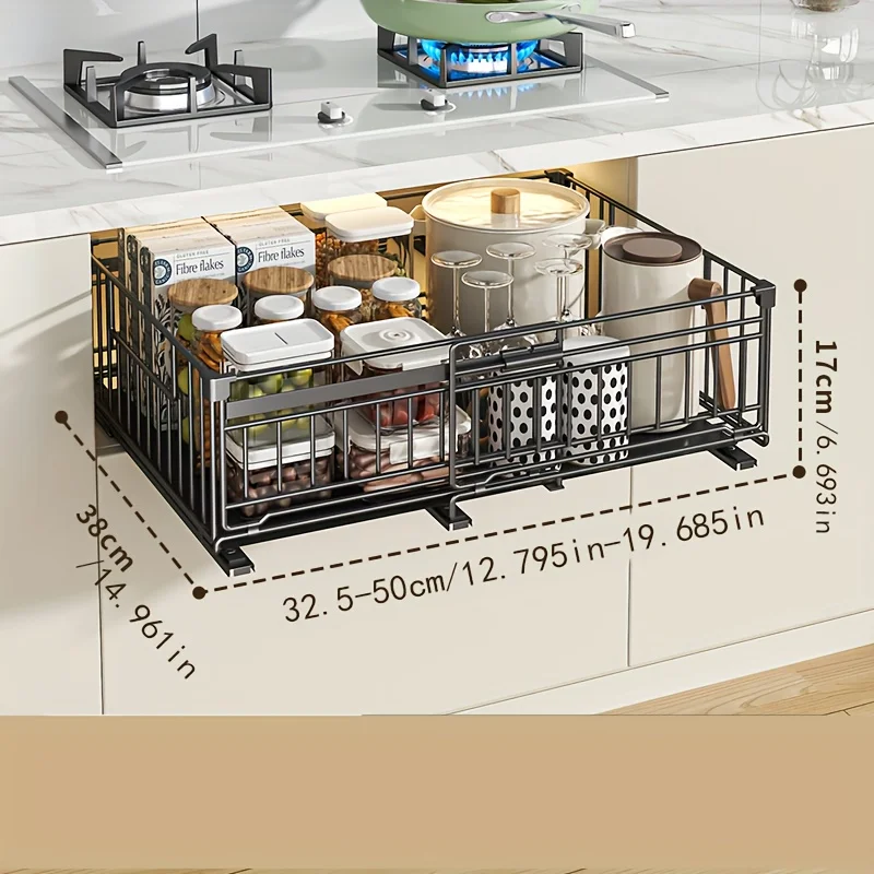 Telescopic Kitchen Organizer - Adjustable Pull-Out Shelf, Space-Saving Cabinet Storage System with Sturdy Metal Construction