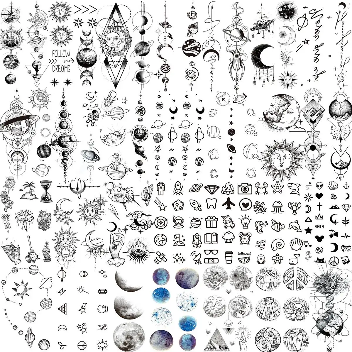 

28 Sheets Outer Space Temporary Tattoos For Women Men, Fake Realistic Star Sun Moon Tattoo Sticker for Kids Planets Neck Tattoos