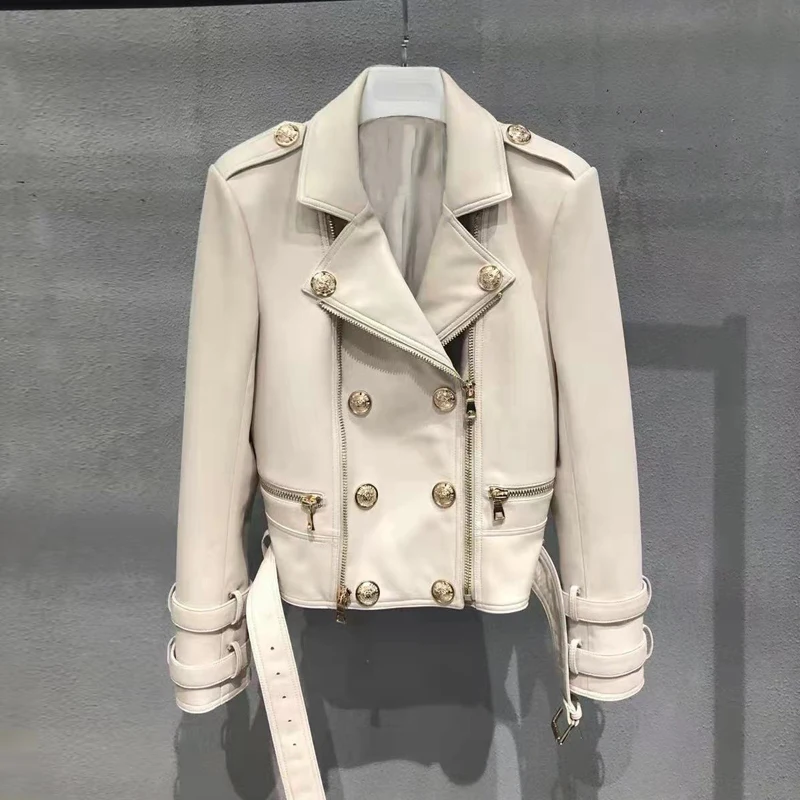 100% echt leer Moto- en bikerjacks 2025 Mode Rits Dames Revers Volledige mouw Casual Slim-fit A-niveau Schapenvacht Jasje