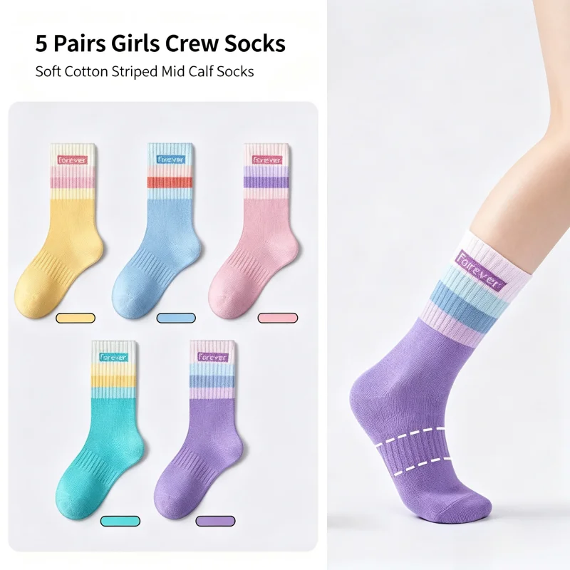 5 Pairs Girls Socks Rainbow Colors 1-12T Children's Calf Socks Soft Cotton Socks
