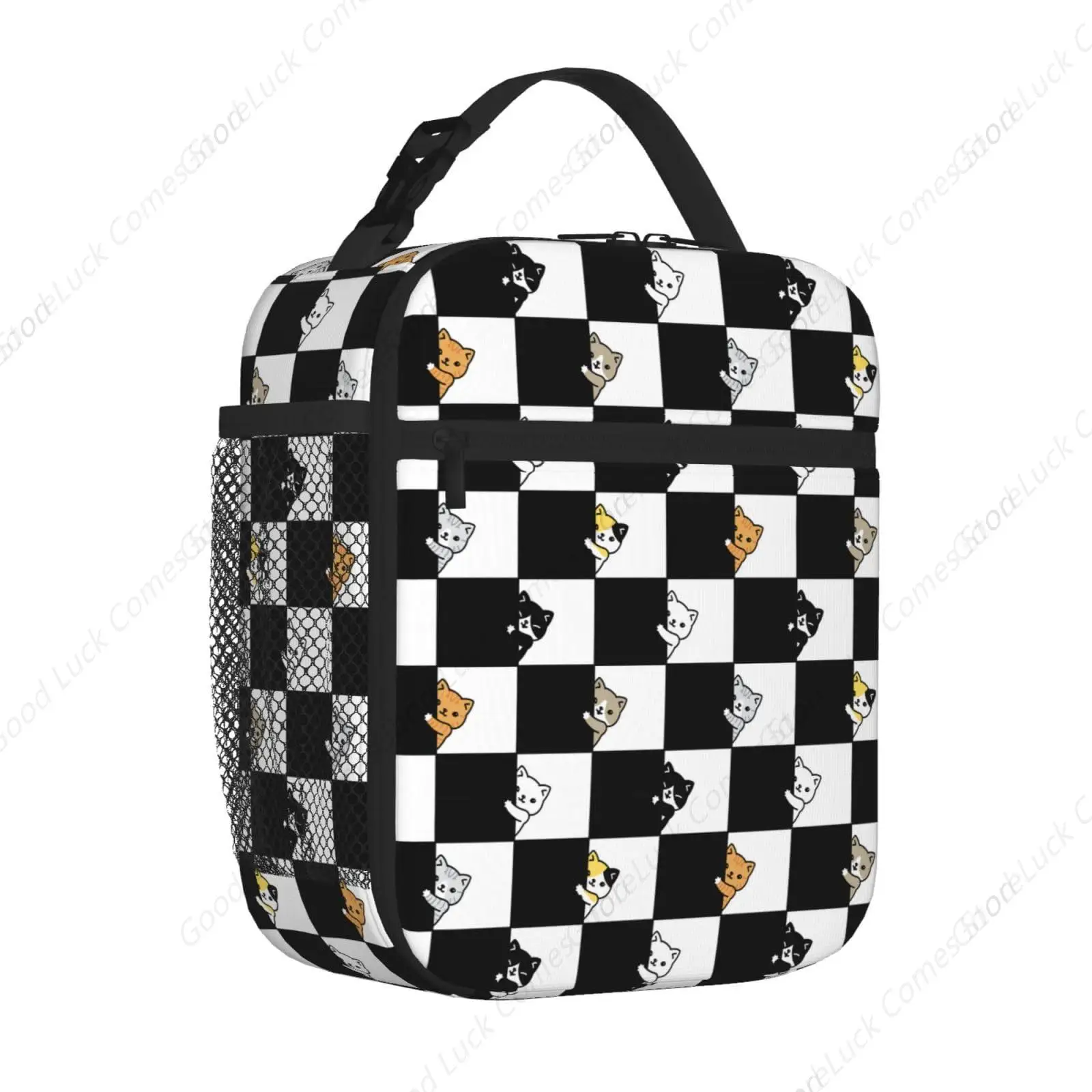 حقيبة غداء معزولة على شكل قطة مربعات باللونين الأبيض والأسود، صندوق غداء للأطفال للفتيات والأولاد في سن المراهقة، حقيبة تبريد صندوق غداء للأطفال مع جيب أمامي