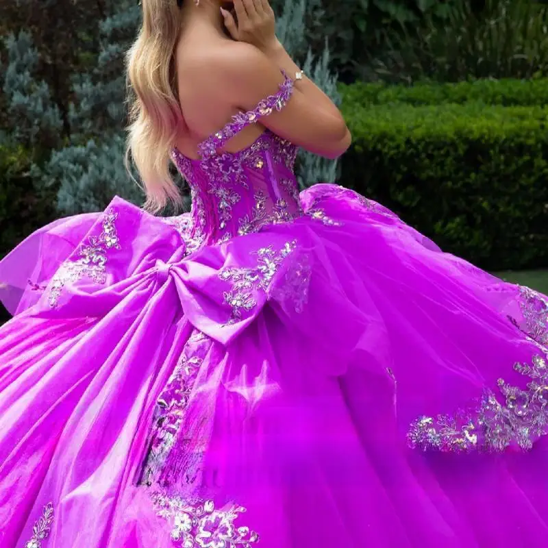 Personalizado de luxo roxo quinceanera vestidos tull brilho longo fora do ombro apliques arco vestido renda emparelhado a linha saia plissada