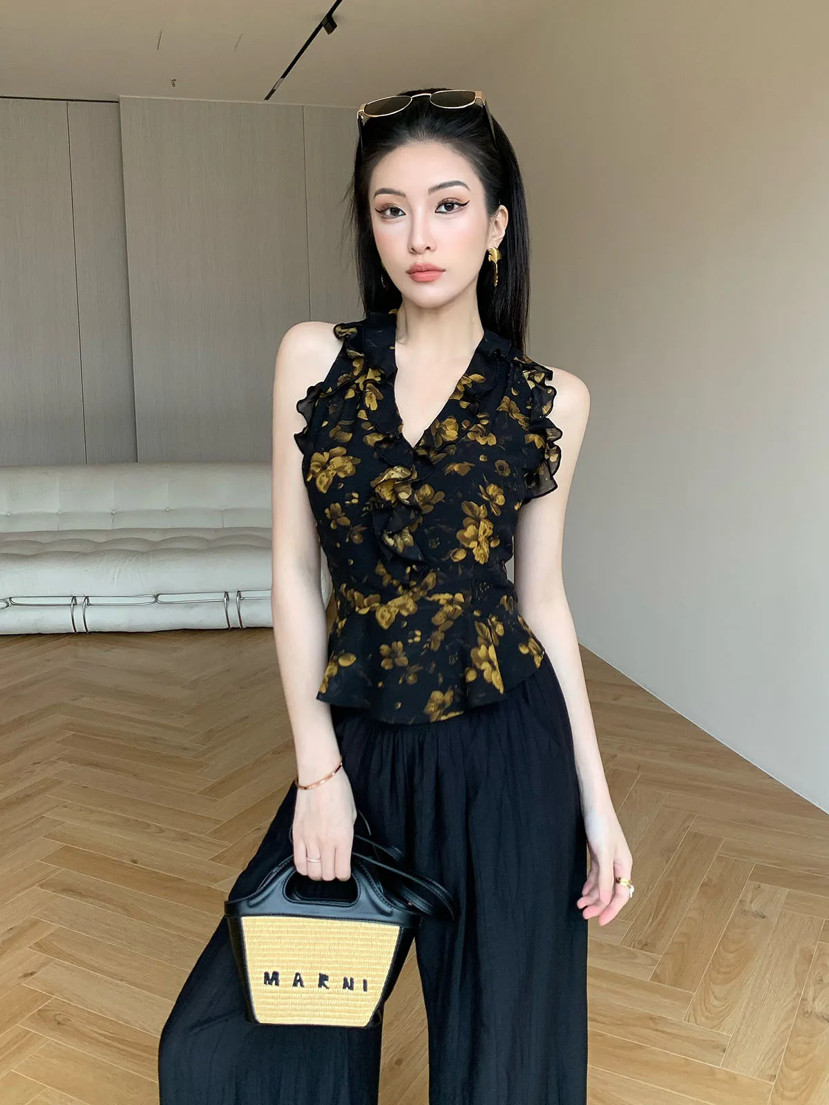 

JiJinqi Design, новинка 2025, жилет Sle Ne, висящий, с v-образным вырезом, с цветочным принтом, универсальный, женский, полиэфирное волокно