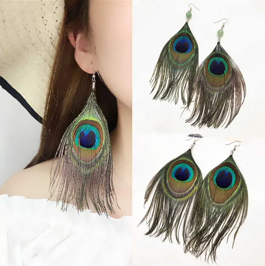 

Brand-new Retro ethnic style peacock feather earrings bohemian fashion personality exaggerated flowing tassel women's earrings
