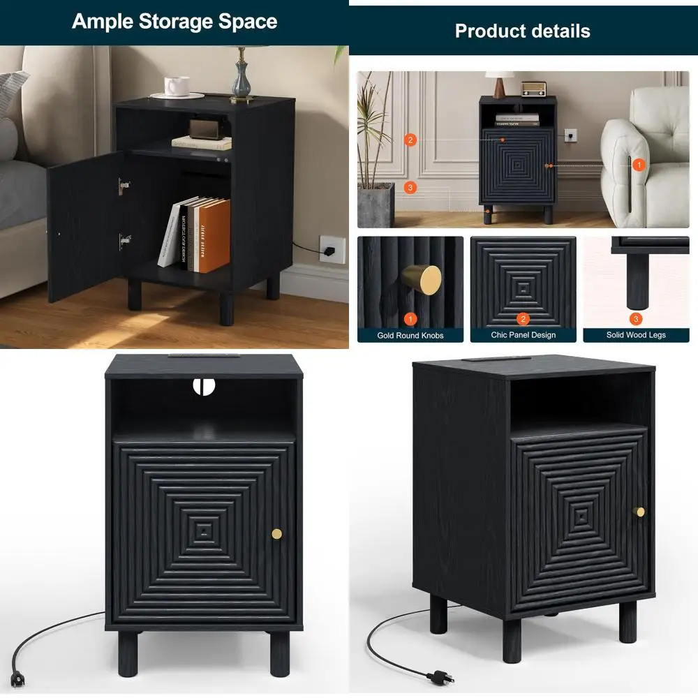 

Современная прикроватная тумбочка с зарядной станцией, столик из массива дерева с дверцей для спальни и прихожей, черный