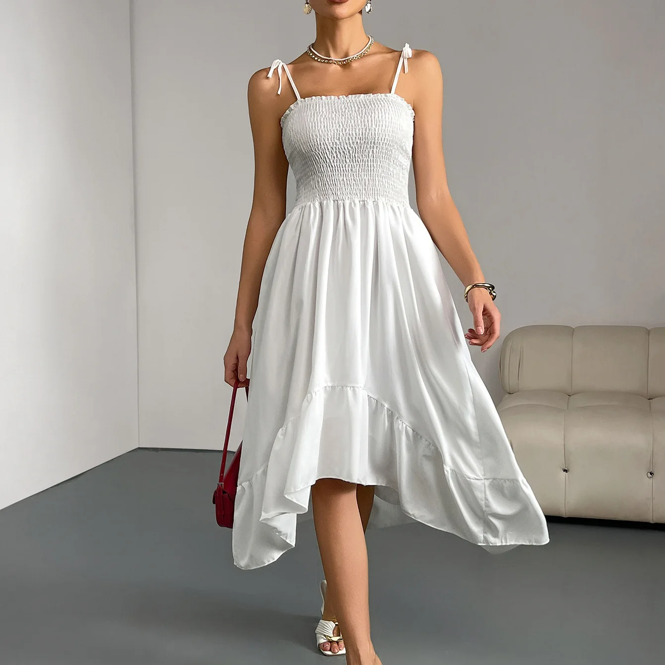 Summer New Women's Par Dr Pure Color Svel Pleated Asymmetrical Strap Long Skirt High Waist A-Line Gown Commute Sle