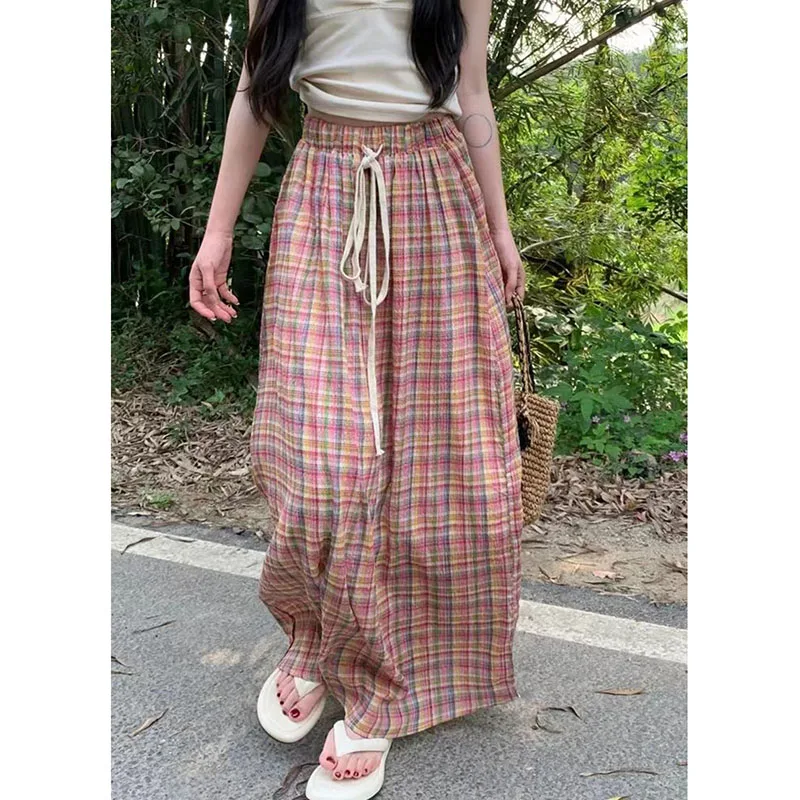 Lucyever Vintage Y2K Plaid Skirts Women Harajuku Streetwear Drawstring Long Skirt Woman Summer Elastic High Waist A-Line Skirts