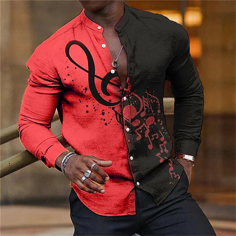 Luxury Music Festival Men\'s Colorblock Music Shirt 3D Printing Two-tone Style Long Sleeve 15 Color Party Stand Collar Shirt 2024