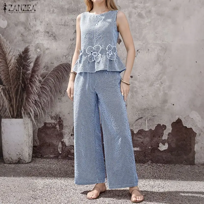 

2026 Summer Pant Sets ZANZEA Stylish Women 2 Piece Sets Sleeveless Plaid Tank Tops Wide Leg Trousers Elegant OL Work Tracksuit