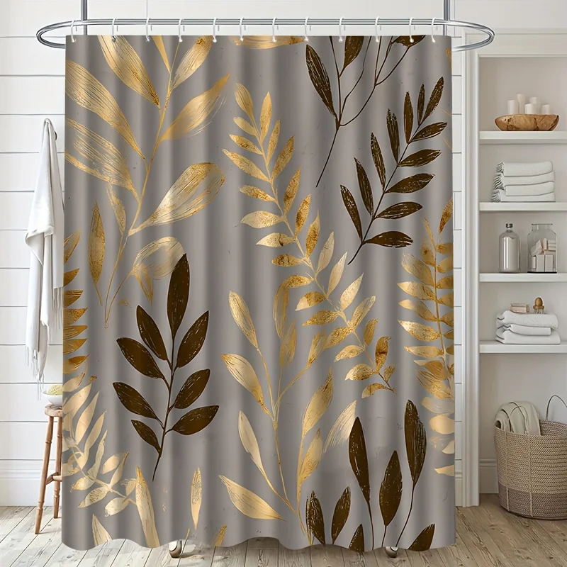 

Golden Leaves Shower Curtain Waterproof Easy to Clean Privacy Protection Print Luxury Nature Design Elegant Elevate Your Space