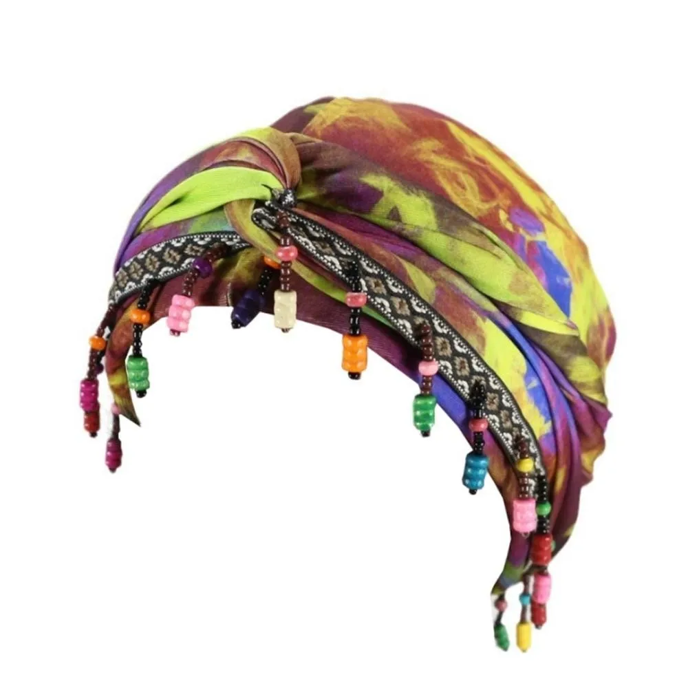 

Elastic Colorful Beaded Headscarf Breathable Ethnic Style Pre-tie Head Wraps Streetwear Headgear Printed Tail Turban Outdoor