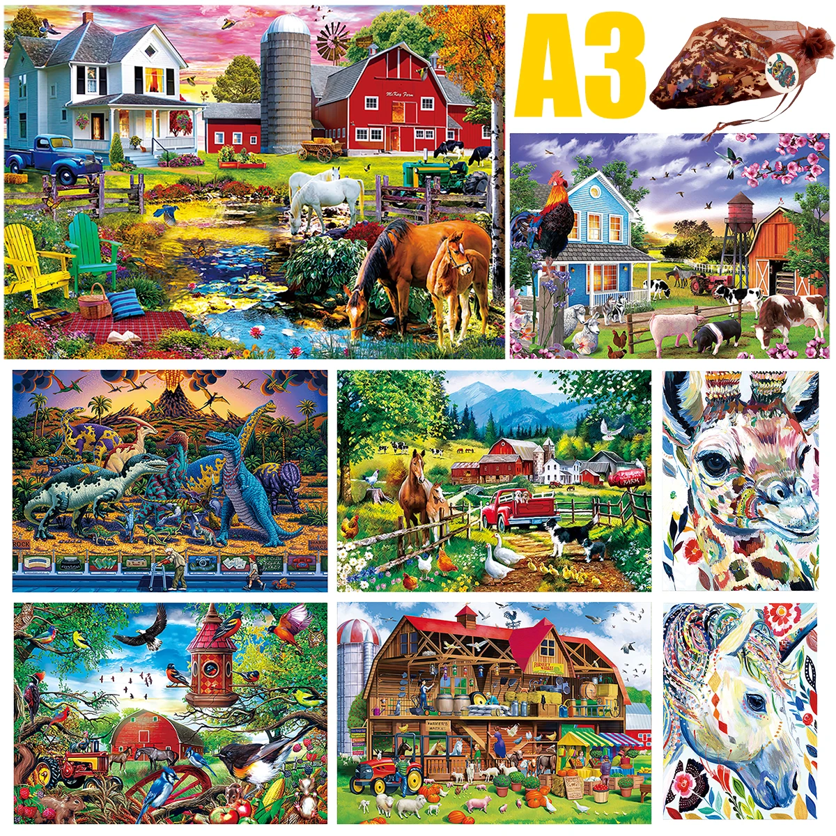 Szczęśliwe ranczo drewniane Puzzle Jigsaw 3D zwierzęta w kształcie Puzzle dla dzieci zabawki edukacyjne z drewna DIY rękodzieło prezenty gry-układanki dla dorosłych