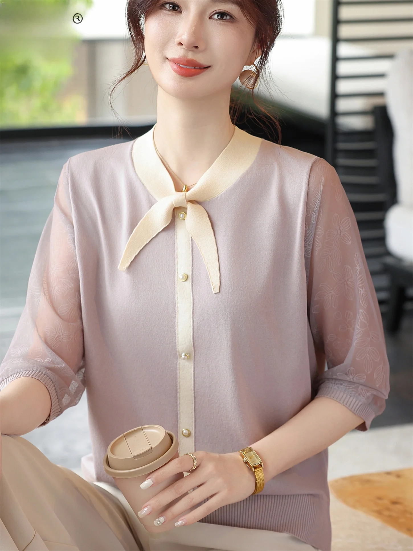 

Spring Faion Thin Knitted Mommy T-irt Women's Svel awl Collar Top Chiffon Splicing Loose Fit Regular Sve