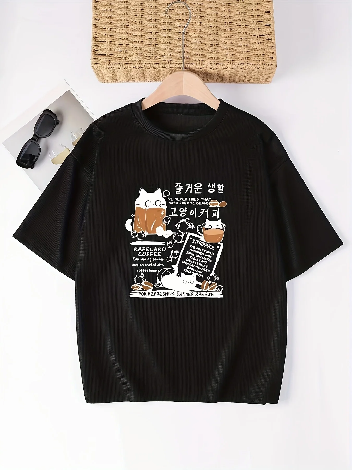 Korean Style Waffle-Knit T-Shirt, Casual Cat & Coffee Print Tee, Refreshing Summer Breeze Design, Fashion Top