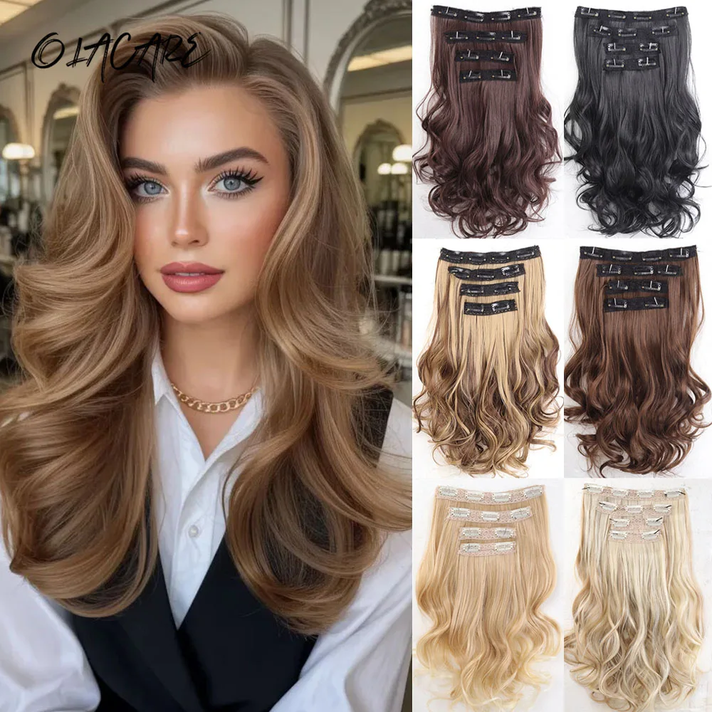 OLACARE 4PCS Full Head 14 Inch Long Curly Wavy Synthetic Hair Pieces Clip In Hair Extensions Natural Wavy For Women Girls Hair