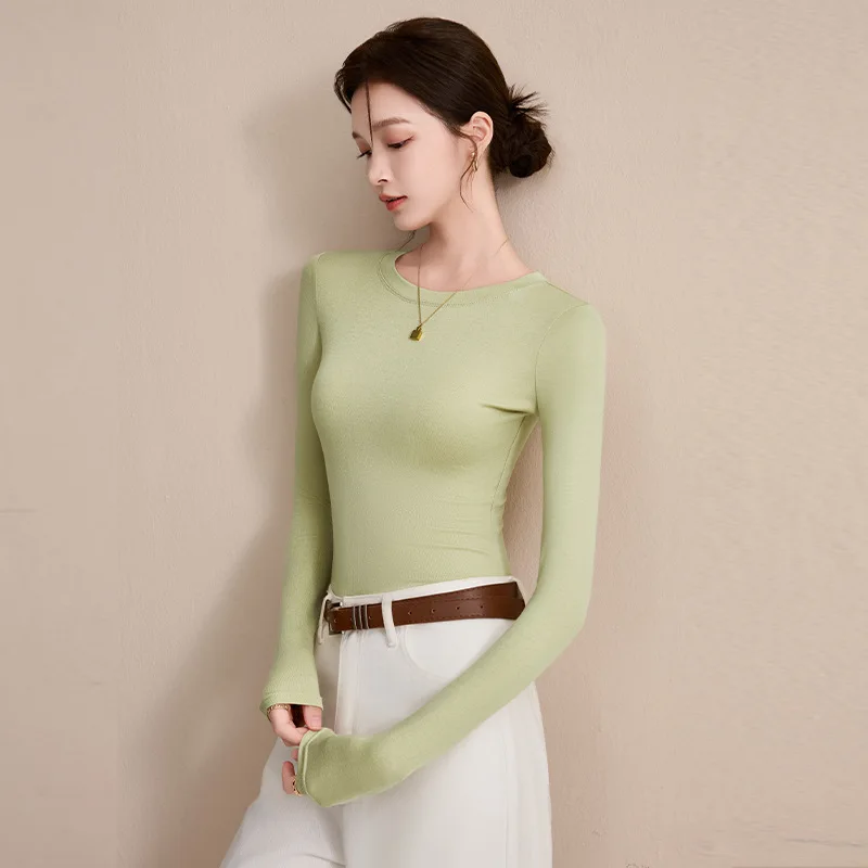 Round Neck Shoulder Long Sleeved Base Shirt for Women 2025 New Autumn Outfit, Slim Fit and Slimming, Inner Top T-shirt