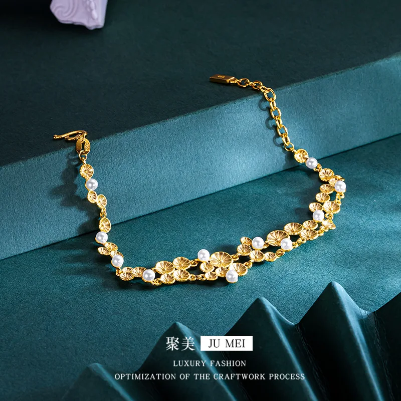 9999 24K real gold niche design sense Monet Garden Water Lily Bracelet Oriental Aesthetic New Chinese  Pearl Lotus Bracelet