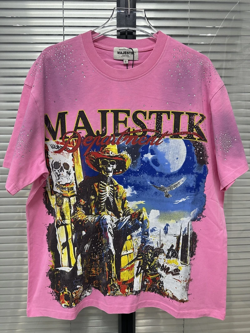 Desert Cupid Horse Grafik-T-Shirt für Herren, Vintage Washed Strass-T-Shirt, lässige Oversize-Baumwoll-Distressed-Tops, Streetwear – Detail 4